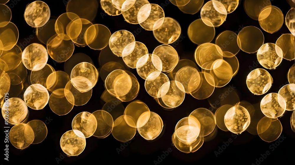 Poster golden bokeh: a mesmerizing abstract backdrop of shimmering golden bokeh circles against a black bac