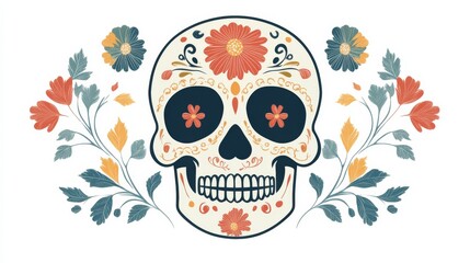 Fototapeta premium Simple line drawing of a sugar skull, capturing the essence of Día de los Muertos and Halloween.