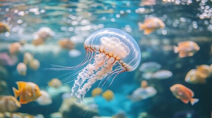 Obraz premium A translucent jellyfish with long tentacles swims in a school of fish in a clear blue ocean.