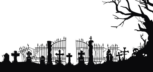 Fototapeta premium black silhouette illustration of tombstones, crosses and gravestones, cemetery elements with creepy fence. cemetery panorama