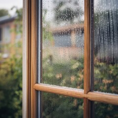 Raindrops on a Wooden Window Frame Overlooking a Green Garden in the Morning Light