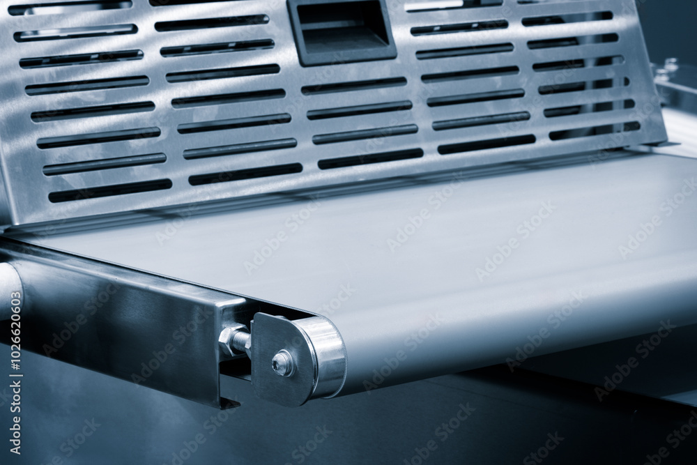 Aufkleber a conveyor belt with a silver color and a black handle. the conveyor belt is made of metal and is us
