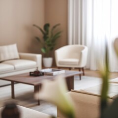 Cozy Living Room With Neutral Decor Large Windows and Indoor Plants During Daylight Hours