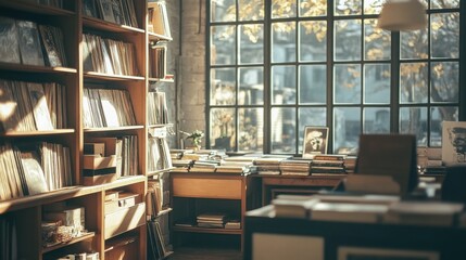 Sunlight streams through a large window illuminating a room full of bookshelves. The warm glow creates a cozy and inviting atmosphere.