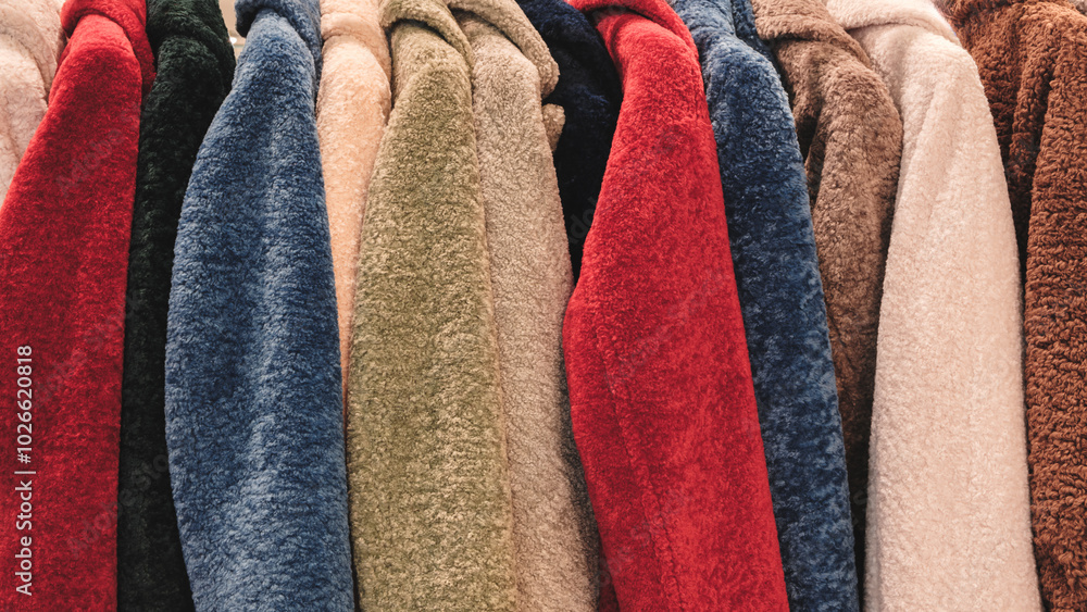 Fototapete a row of colorful fuzzy jackets are displayed. the jackets are of different colors and styles, and t