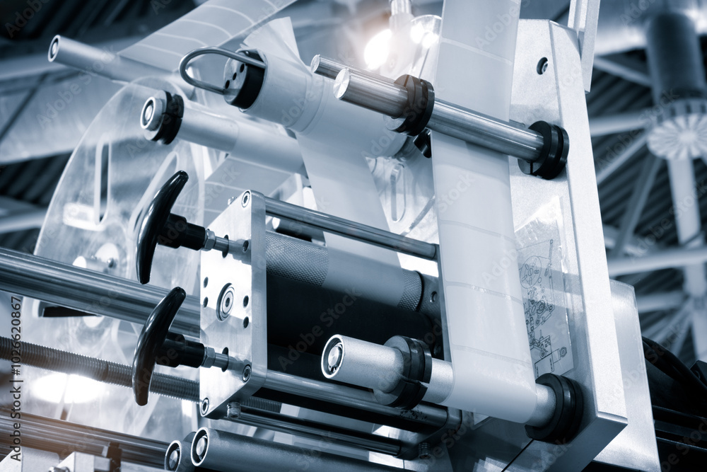 Aufkleber A machine with a white label on it. The machine is in a factory. The machine is used to print labels