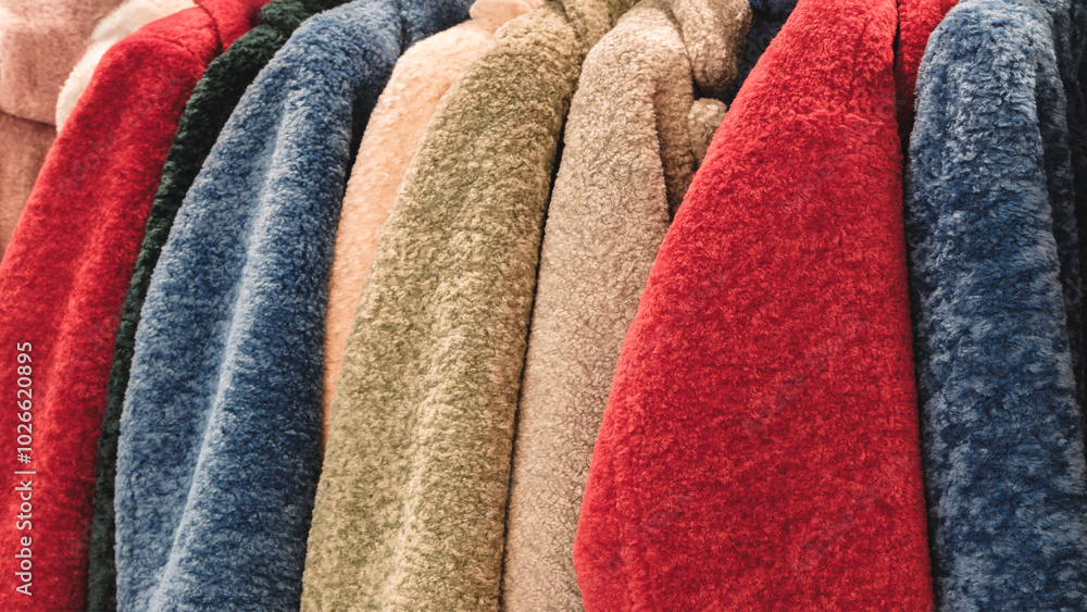 Fototapete a row of colorful fuzzy jackets are displayed. the jackets are of different colors and styles, and t