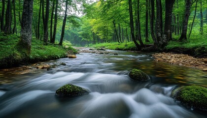 Obraz premium Lush forest river in seamless 4K time-lapse animation