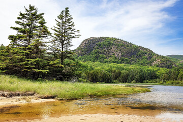Mount Desert Island Maine mountain and stream summer landscape, Acadia National Park, USA
