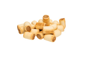 A pile of small round brown cookies. All cookies are different sizes and stacked on top of each other. Dog treats on a transparent background in png format.