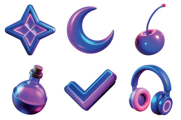 Obraz premium Collection of neon glowing 3d icons isolated on the transparent background