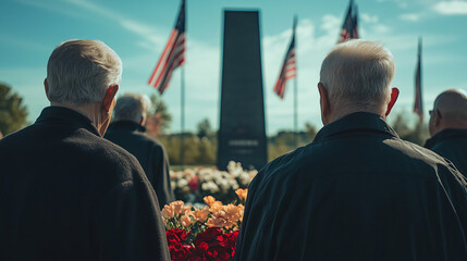 Veterans Day commemoration, veterans stand in silence in front of monument with flowers placed beneath, flags at half-mast in the distance, Ai generated images