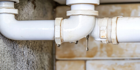 Close-up of water dripping from a pipe joint in an apartment. Leakage, dripping, repair of plumbing.