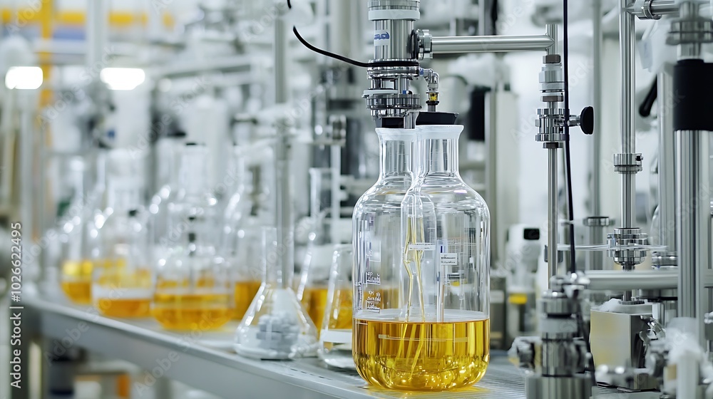 Poster an advanced chemistry research center with digital interfaces for optimizing and automating chemical