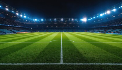 Brightly lit soccer stadium with empty stands and illuminated field at night