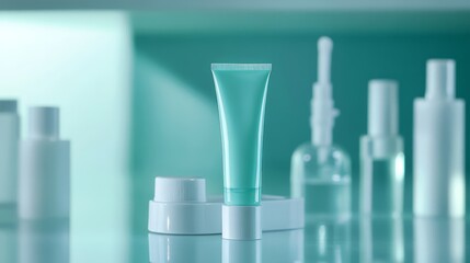 Aqua Beauty: A close-up shot of a sleek, teal-colored tube of cream sits prominently on a white pedestal, with a soft, ethereal blue backdrop.