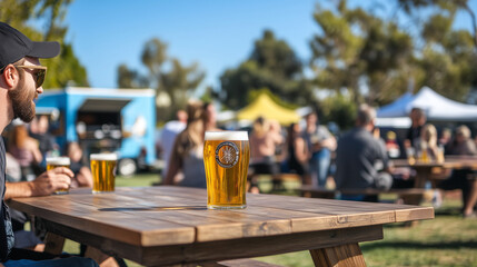 San Diego Beer Week, people relaxing in an open park under blue skies, local beers in sparkling glasses on wooden tables, Ai generated images