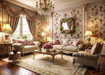 Elegant 3D Floral Living Room with Intricate Patterns for Chic Interior Wallpaper Design