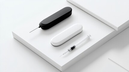 Minimalist Medical Supplies: A sleek, modern still life featuring a black and white medical pen needles alongside a sterile syringe, exuding a sense of precision and sterility.