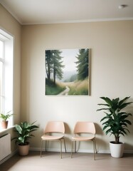 Modern design pale color waiting Room, nature landscape artwork on One of the walls