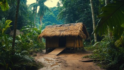 Small jungle shack surrounded by lush greenery and tall trees at dusk