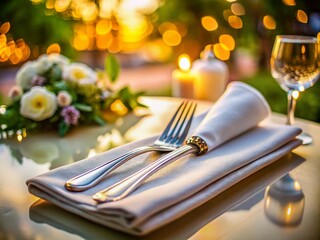 Elegant Classic Table Setting with Fork and Knife on White Linen Napkin for Fine Dining Experience