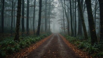 Path through a misty forest during a foggy autumn day.