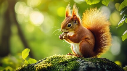 Obraz premium A cute red squirrel sits on a mossy rock in a forest, eating a nut, with sunlight shining through the leaves.