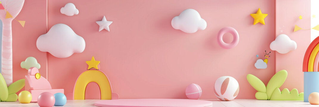 Pastel Pink School Scene: A soft pastel pink background for pre-kindergarten classrooms, showcasing colorful abstract shapes and primary color accents.
