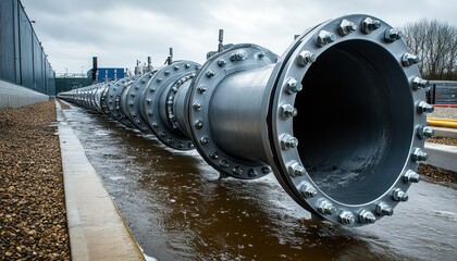 Pipe expansion joints along a waterway absorbing movement in industrial setting