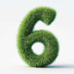 3D number 6 with grass texture realistic modern design, soft lighting, white background