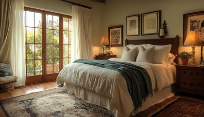 Creating a welcoming and tidy bed in a cozy, sunlit bedroom with natural decor