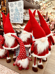 christmas decorations, store with Christmas toys, balloons on the shelves, Christmas tree, gnomes, 