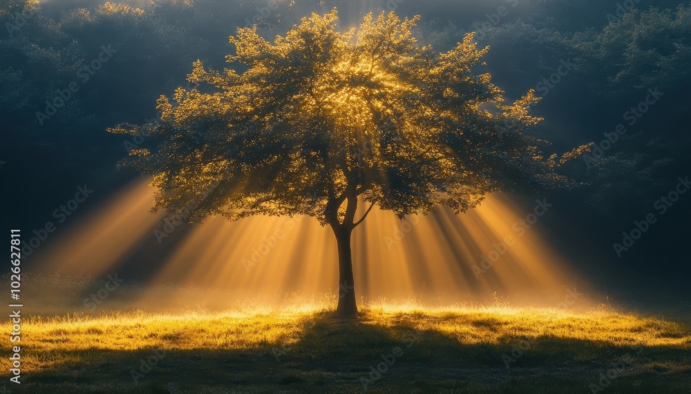 Poster sunlight streams through branches of a tree at dawn in a tranquil forest clearing