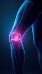 Obraz premium A detailed illustration of a human knee joint, highlighting key structures with a vibrant glow, ideal for healthcare, medical education, and wellness promotions.