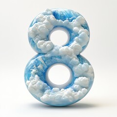 3D number 8 with sky texture realistic modern design, soft lighting, white background