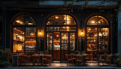 Charming Italian-style coffee shop with large windows glowing at night