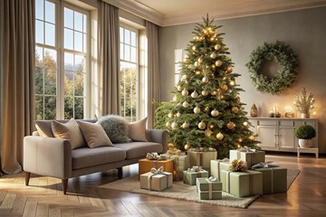 Elegant Modern Christmas Scene with Tree and Gifts in Soft Tones for Holiday Decor