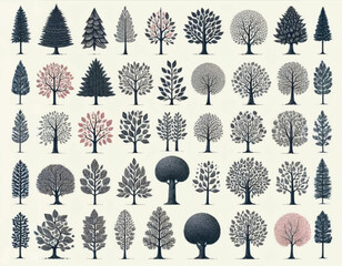 Big set of cute cartoon trees. A variety of trees, deciduous and coniferous. Vector illustration