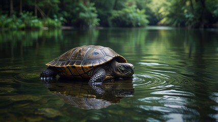 Obraz premium A turtle swims in a tranquil river with lush green vegetation in the background.