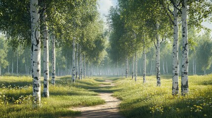 the green forest in the morning, even rows of trees