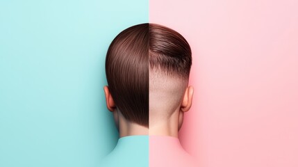 Fototapeta premium Split screen showing the progression from thinning hair and receding hairline on the left, to a vibrant, fuller head of hair on the right, with clear visual improvement.