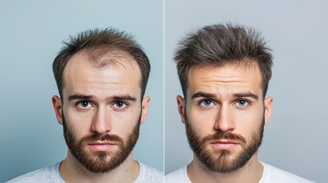 Transformation photo with a male subject, showing the left image of thinning hair and bald patches and the right image of a full, thick head of hair post-treatment.