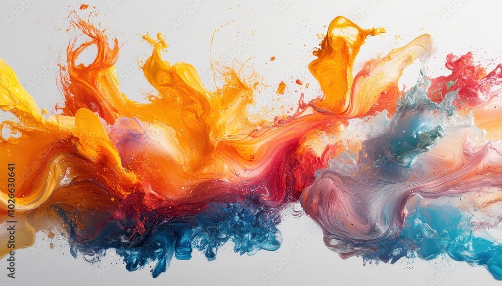 Poster vibrant paint splashes collide in a captivating generative display of colors