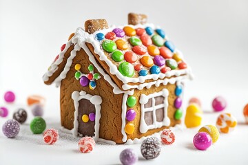 Christmas gingerbread house cookie on white background