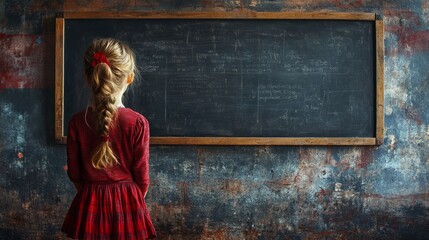 Obraz premium A young girl in a red dress stands in front of a chalkboard, facing away from the camera and looking at the writing. The chalkboard is filled with white chalk writing and a wooden frame.