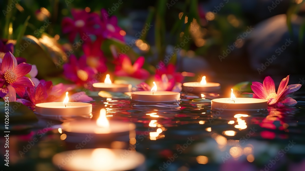 Poster a beautiful display of candles floating on water, surrounded by vibrant flowers, creating a tranquil