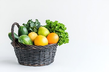 Shopping basket full of different grocery products on white background