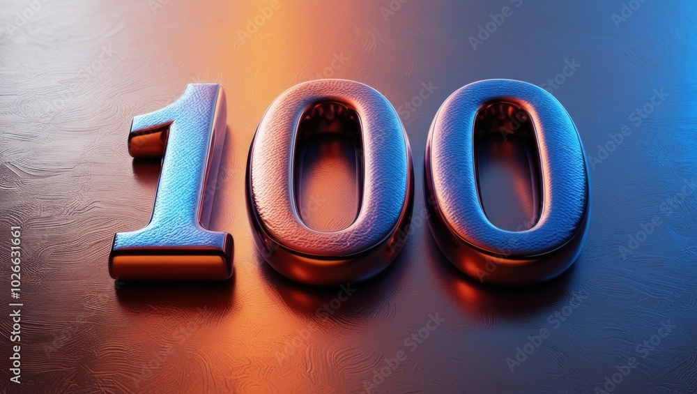 Poster three-dimensional shiny number 100 displayed on a textured surface with gradient lighting
