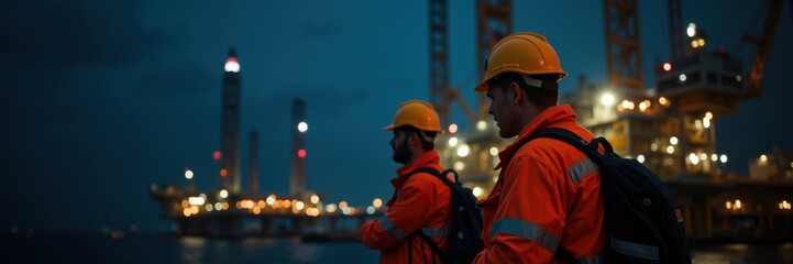 Obraz premium Two workers in safety gear observe an offshore oil rig at night, highlighting teamwork and safety in the industrial sector. Ideal for energy and engineering projects.